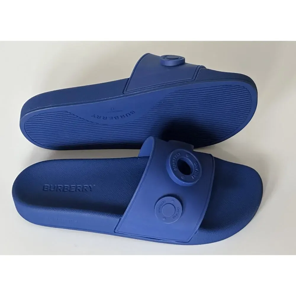 NIB $420 Burberry Eyelet Men’s Furley Royal Blue Slide Sandals 10 US 8049674 IT
